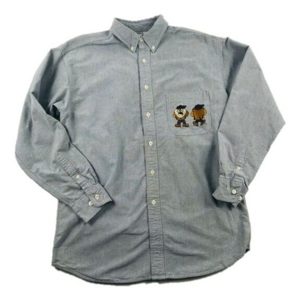 Vintage‎ Looney Tunes Mens Shirt Size M Taz Chambray Button Acme Streetwear 90s